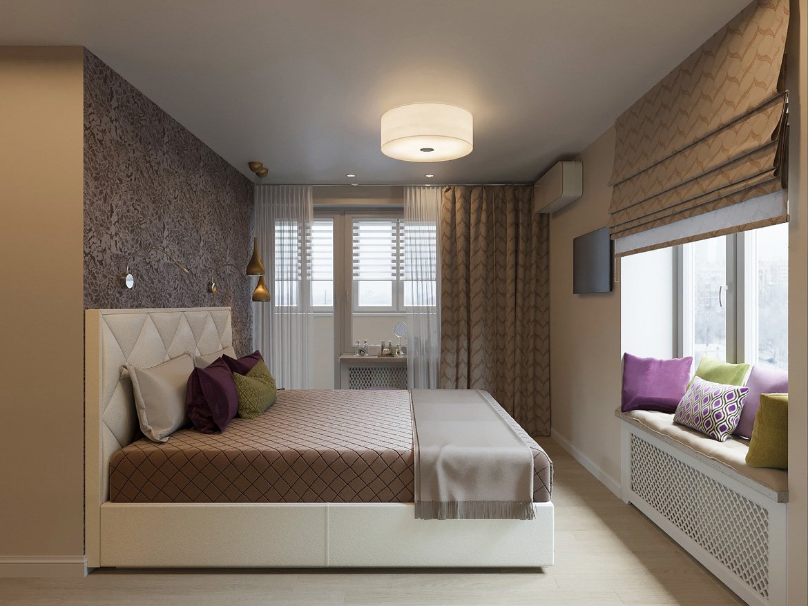 Дизайн спальни с двумя окнами