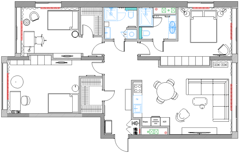 Перепланировка трехкомнатной квартиры в четырехкомнатную в ЖК "Хедлайнер"
