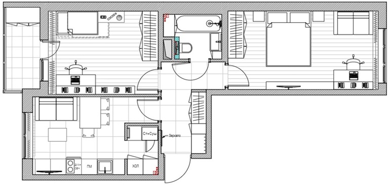 Планировка квартиры ЖК "Новый Лесснер", 60 м2 (white box)