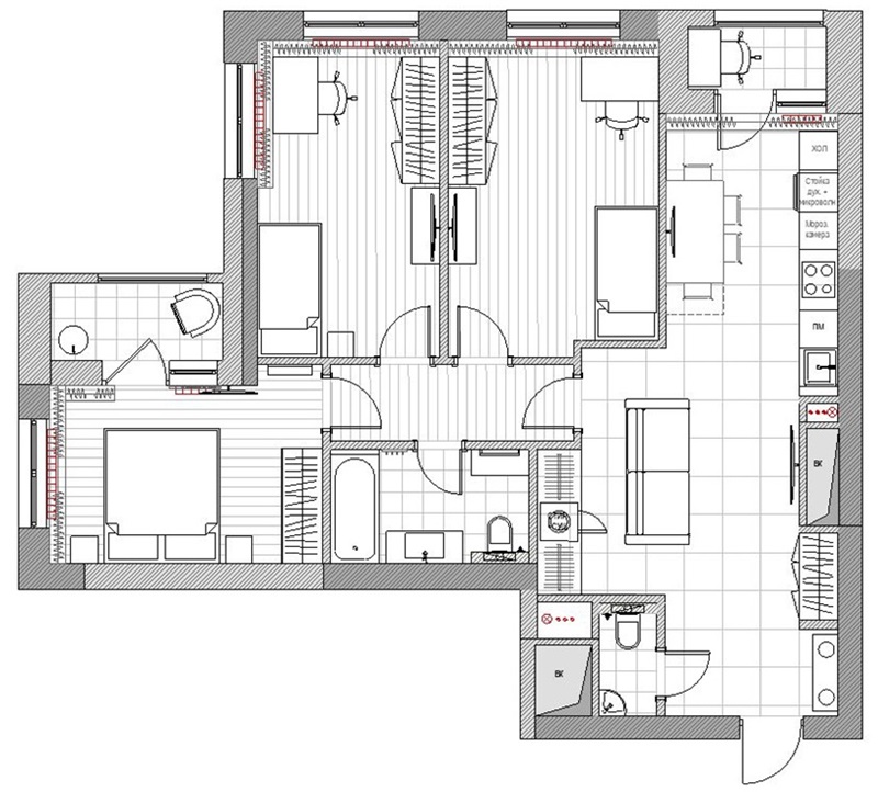 Перепланировка трехкомнатной квартиры в четырехкомнатную ЖК "Зиларт"