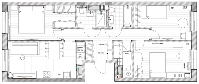 Планировка трёхкомнатной квартиры в ЖК "Зиларт", 80 м2.