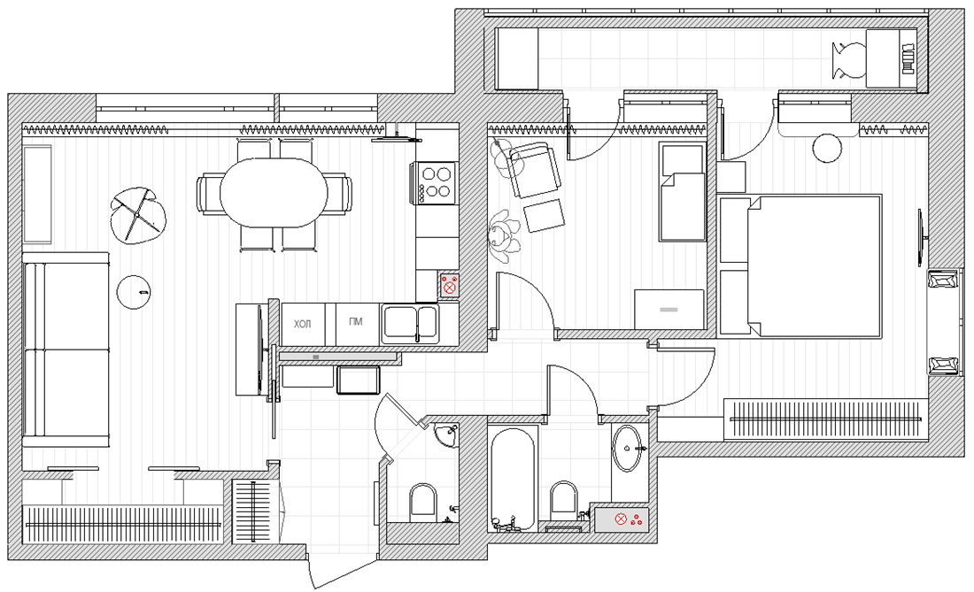 Планировка квартиры, 70м2. Серия П-68