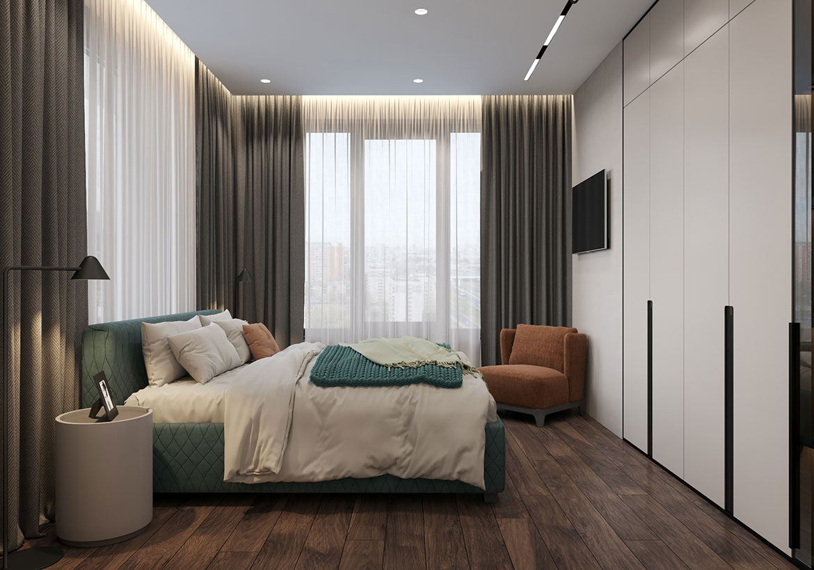 Дизайн спальни с двумя окнами