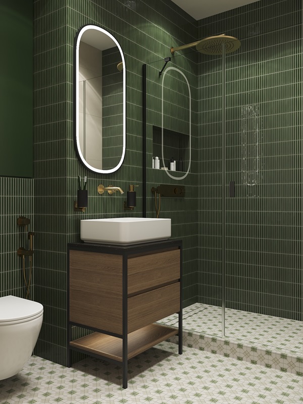 Дизайн ванной зеленой плиткой